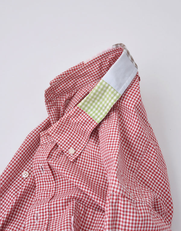 ギンガムの半袖カラーパッチワークシャツ